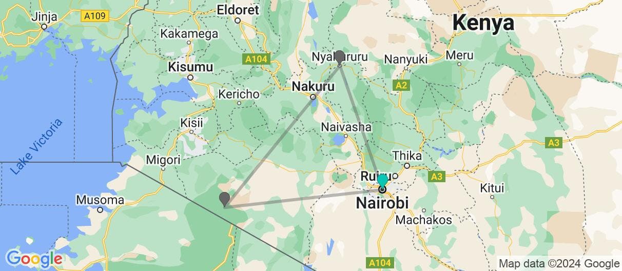 Map of Nairobi, Wildlife Safari & Nyahururu