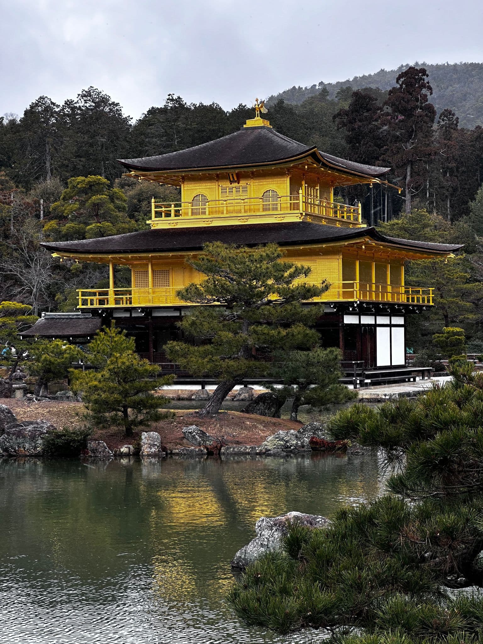 Kinkaku-ji (Golden Pavilion) reflected in a pond with pine trees in Kyoto, Japan.