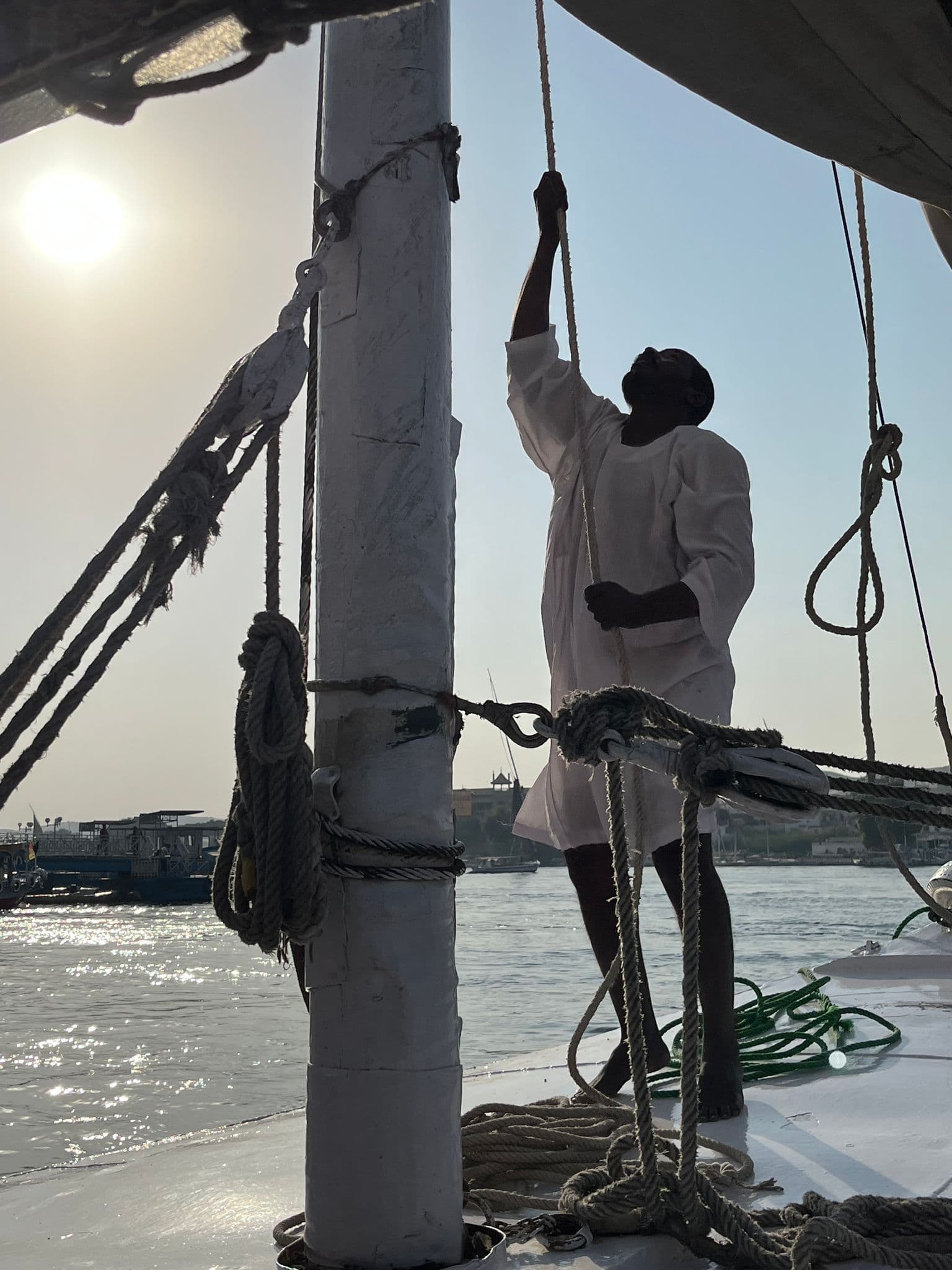 Man on a felucca pulling a rope at sunset on the Nile River with the city shoreline in the background, Egypt.
