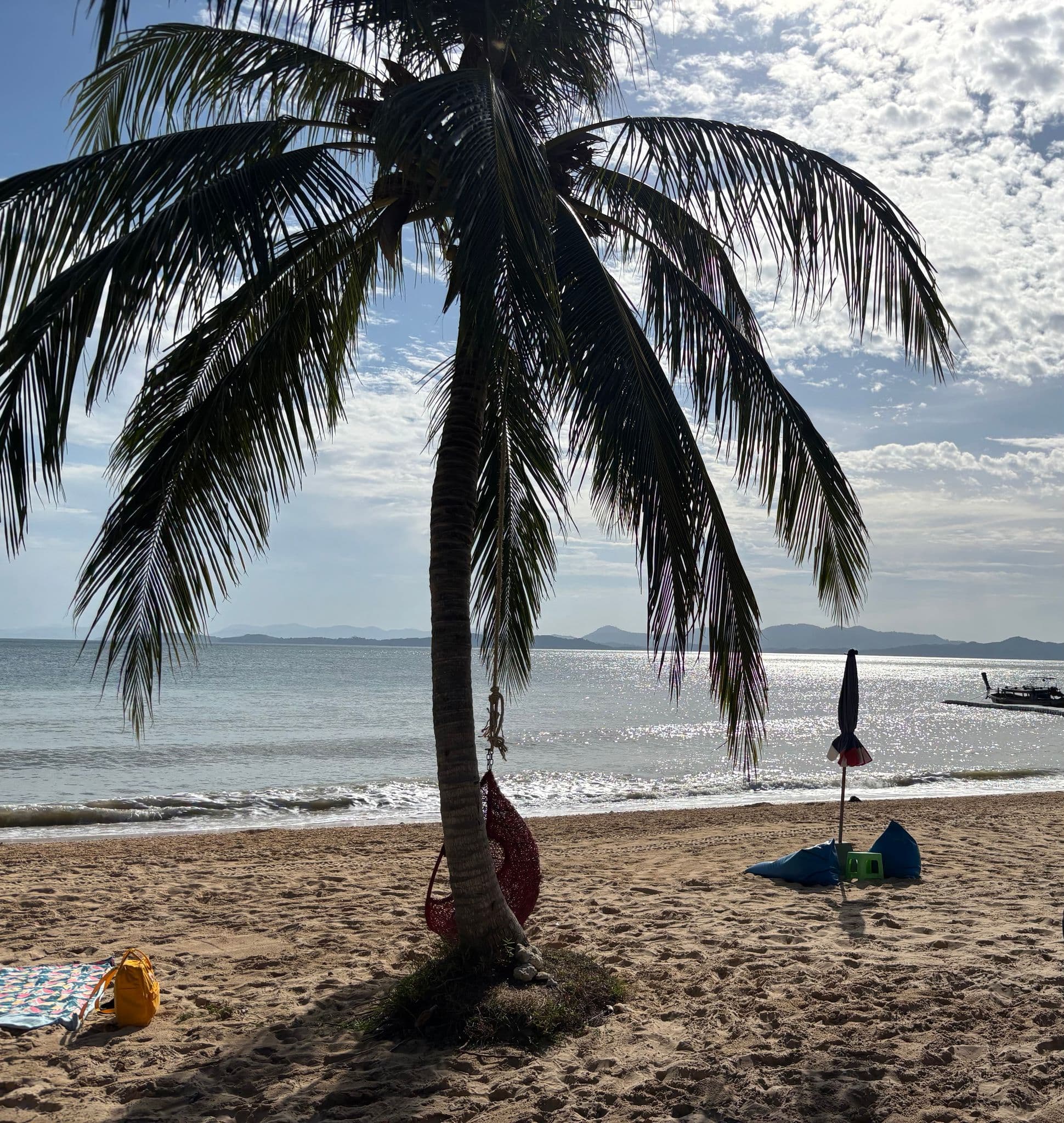 Palm tree on a sandy beach with a hanging chair, umbrella and calm sea at Panak Island, Thailand.