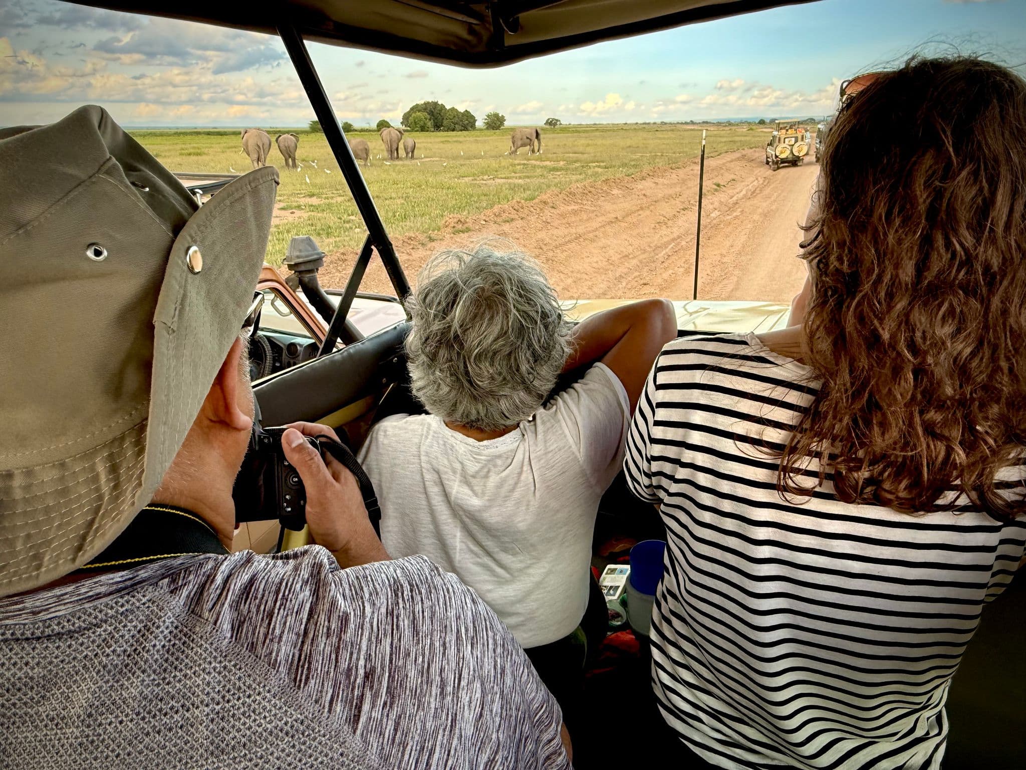 Three people in an open-top safari vehicle watching a herd of elephants grazing on a grassy plain during a tour.