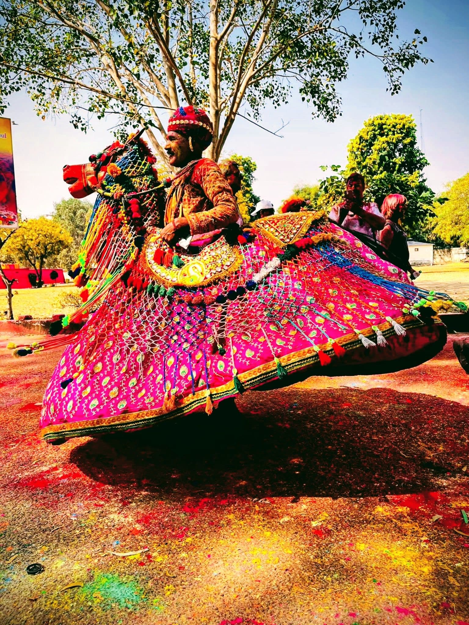 Man in a brightly embroidered horse-style costume spinning during Holi festival in Jaipur, India.