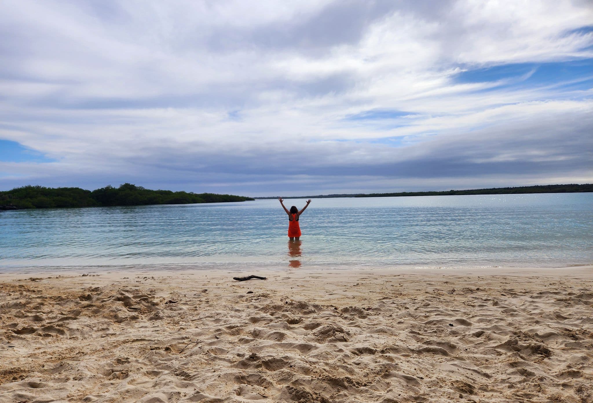 Beach at the Galapagos Islands, Ecuador with a person standing waist-deep in water raising their arms.