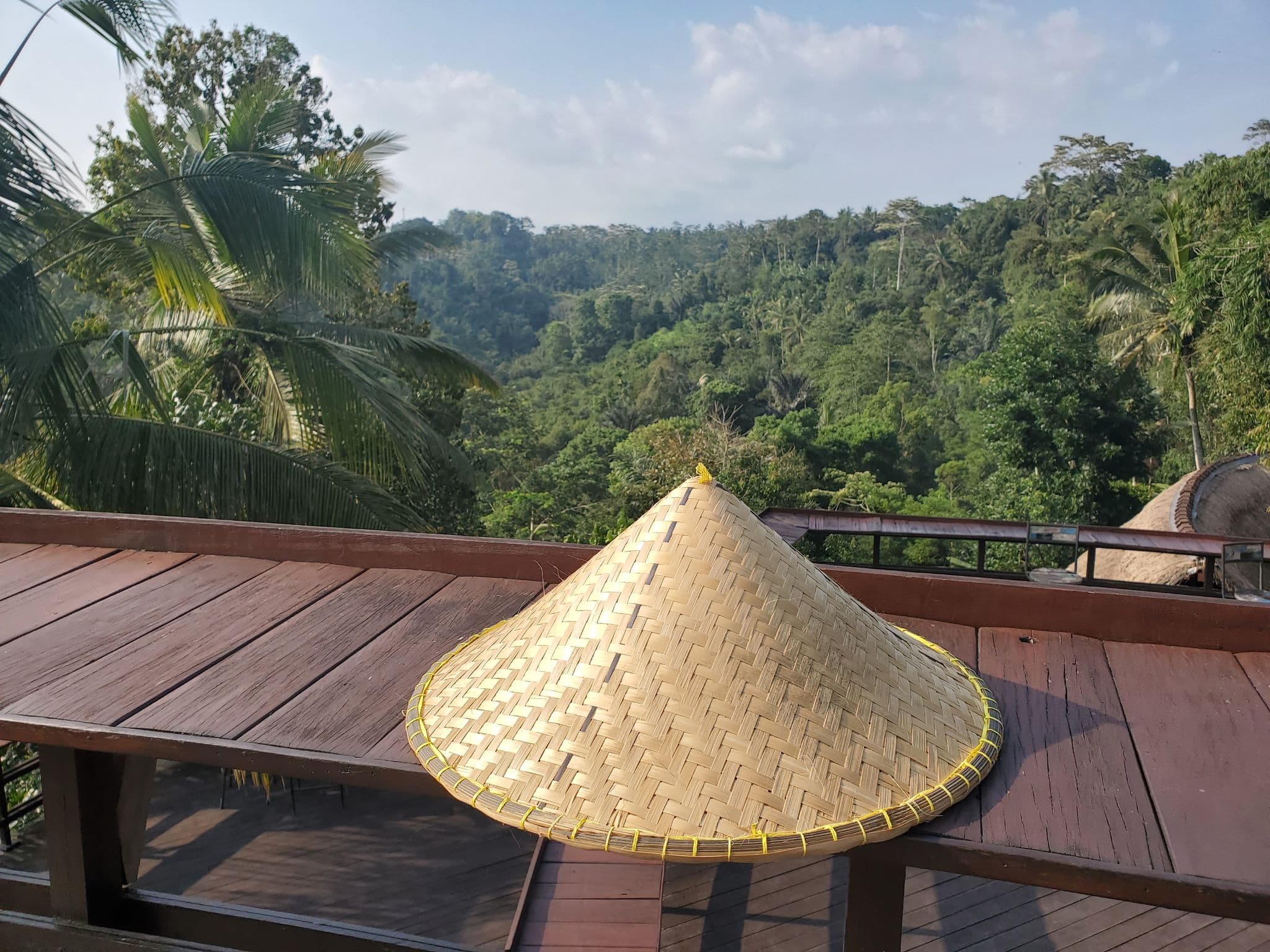 A woven conical hat on a wooden railing overlooking dense jungle near Mount Batur, Bali, Indonesia.