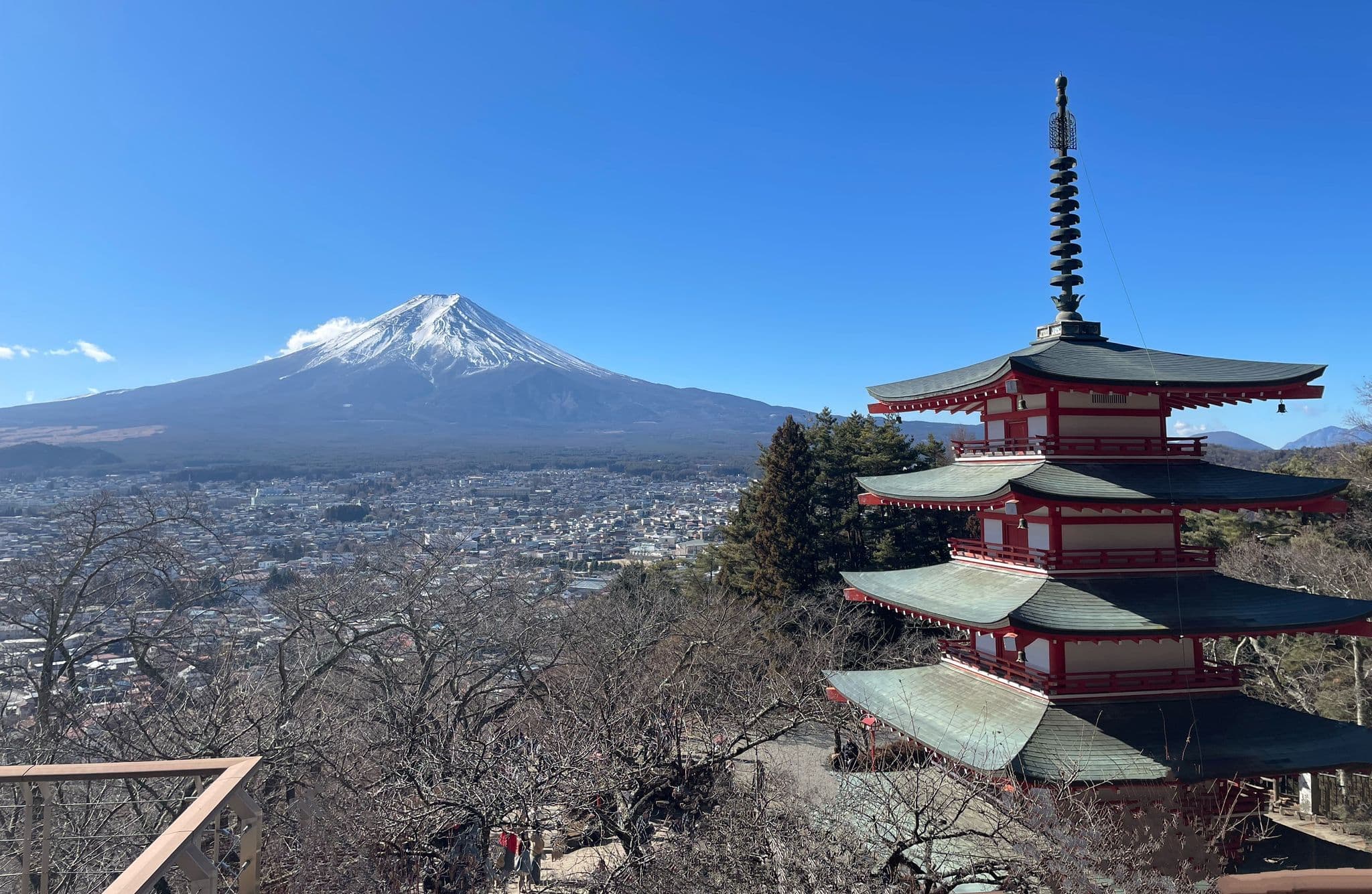 Chureito Pagoda with Mount Fuji rising behind it, overlooking Fujiyoshida, Japan.