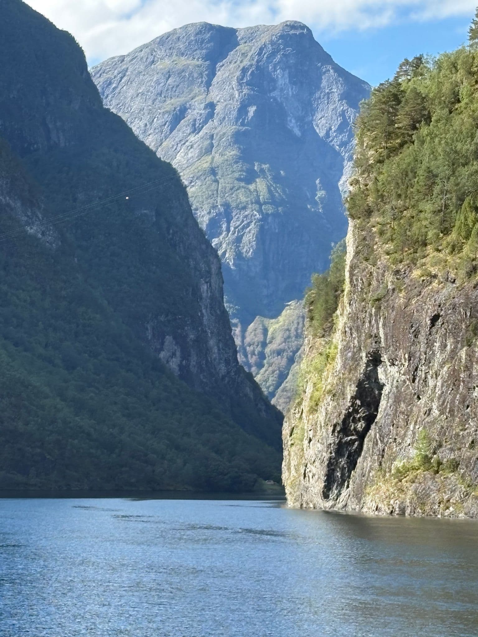 Rocky fjord cliffs rising above calm water with a distant mountain backdrop in Norway.