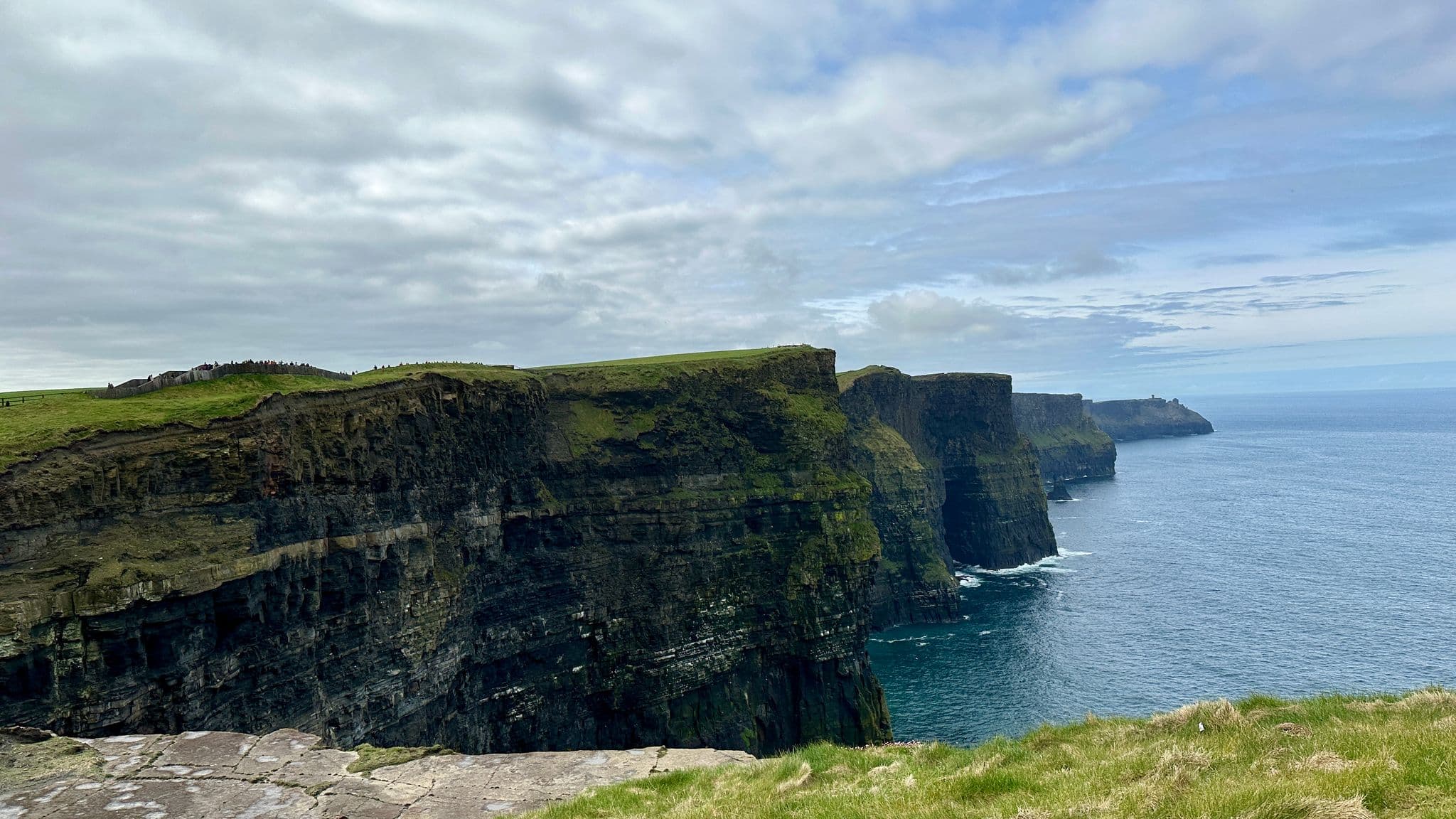 Cliffs of Moher cliff face stretching along the Atlantic with visitors on the grassy edge, County Clare, Ireland