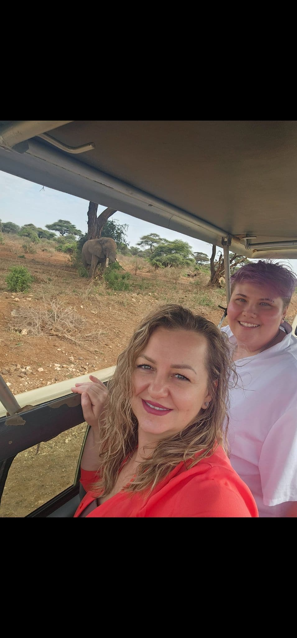 Elephant standing by a tree in Amboseli National Park, Kenya, with two travelers smiling in an open safari vehicle.