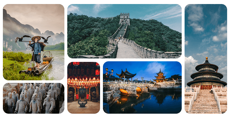 Travel destinations collage showcasing adventure and cultural experiences